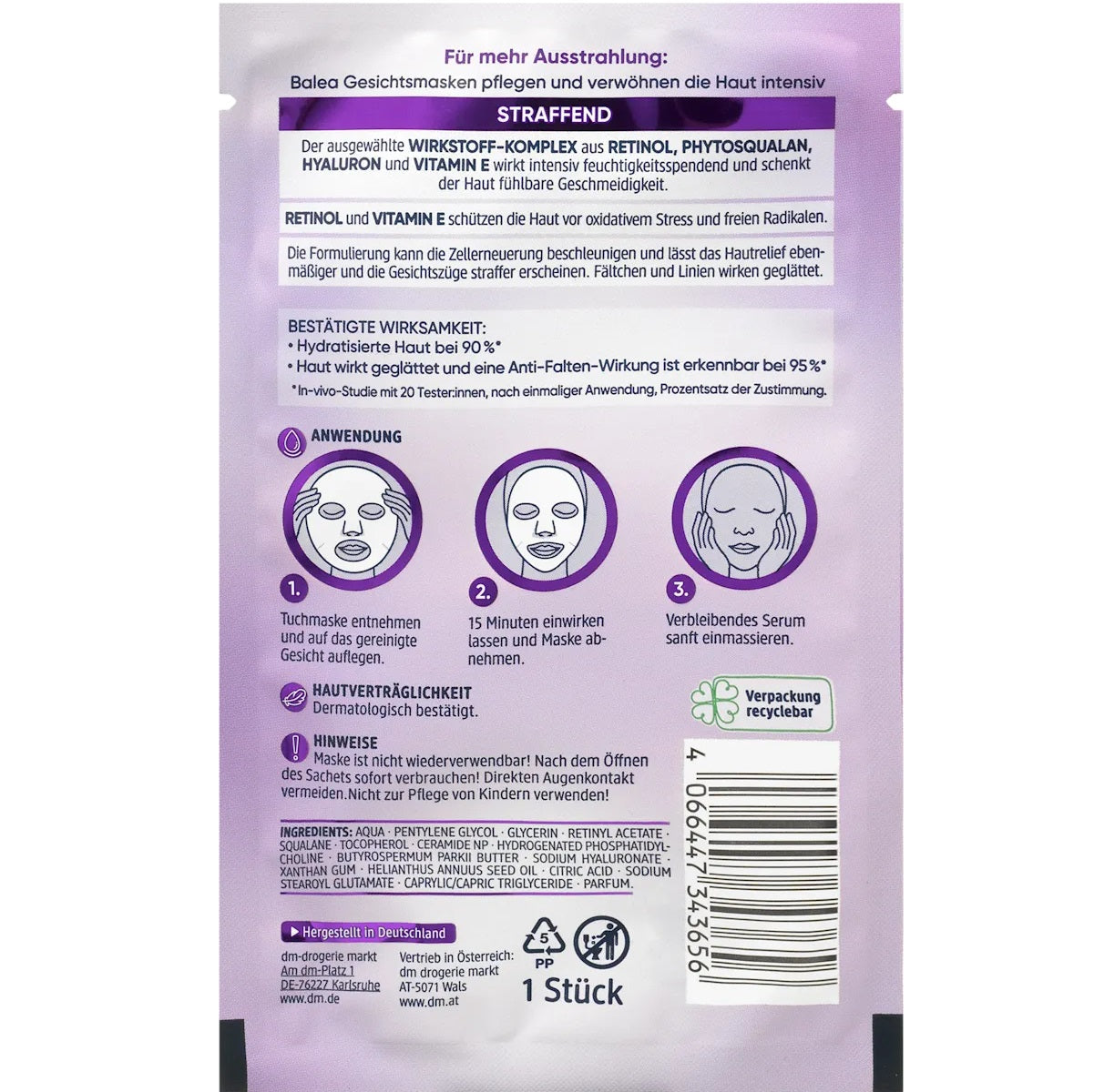 Balea - Masque en tissu au rétinol, 1 pc